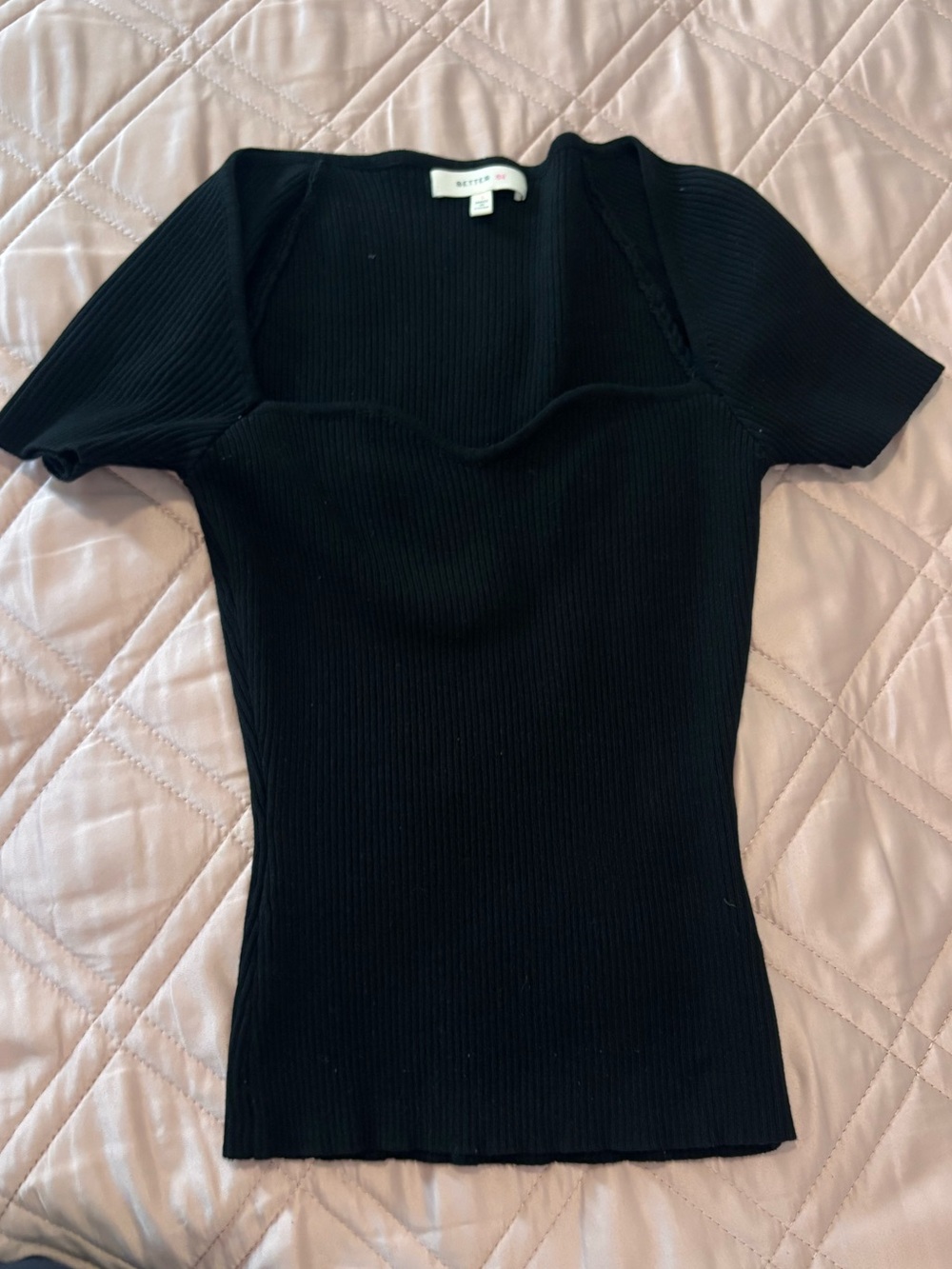 Black Ribbed Square Neck Short Sleeve Tee